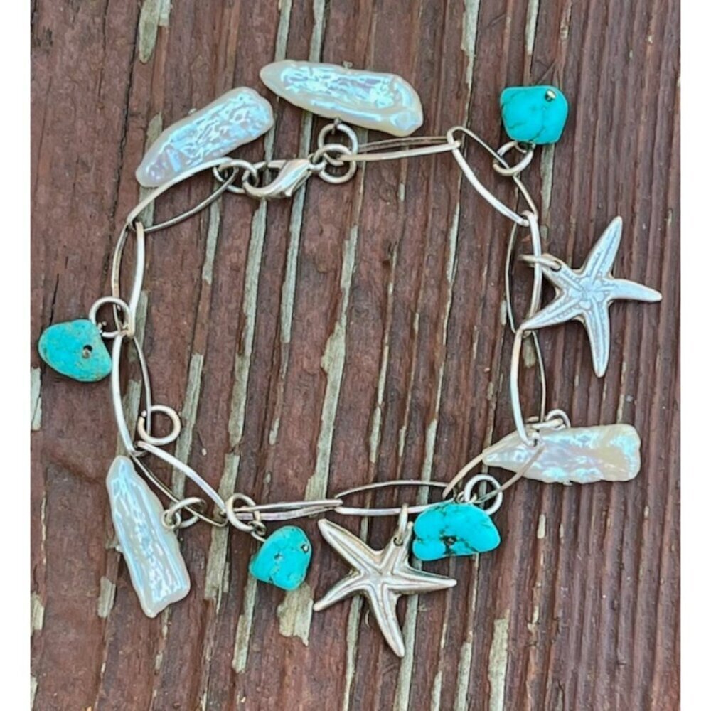 Turquoise Beads Mother Of Pearl with Starfish Charms Silver Bracelet 8" NWOT - Picture 2 of 6
